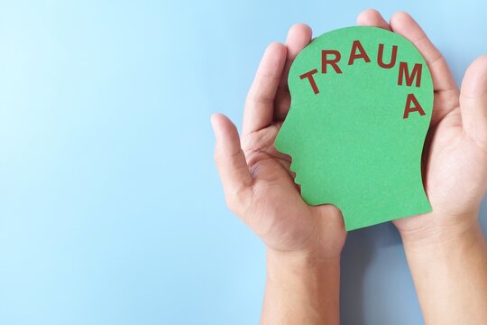 Care, treatment, PTSD  and trauma therapy concept. Hand holding head profile with copy space.