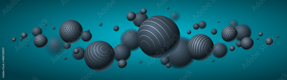 Poster abstract spheres vector background, composition of flying balls decorated with lines, 3d mixed reali