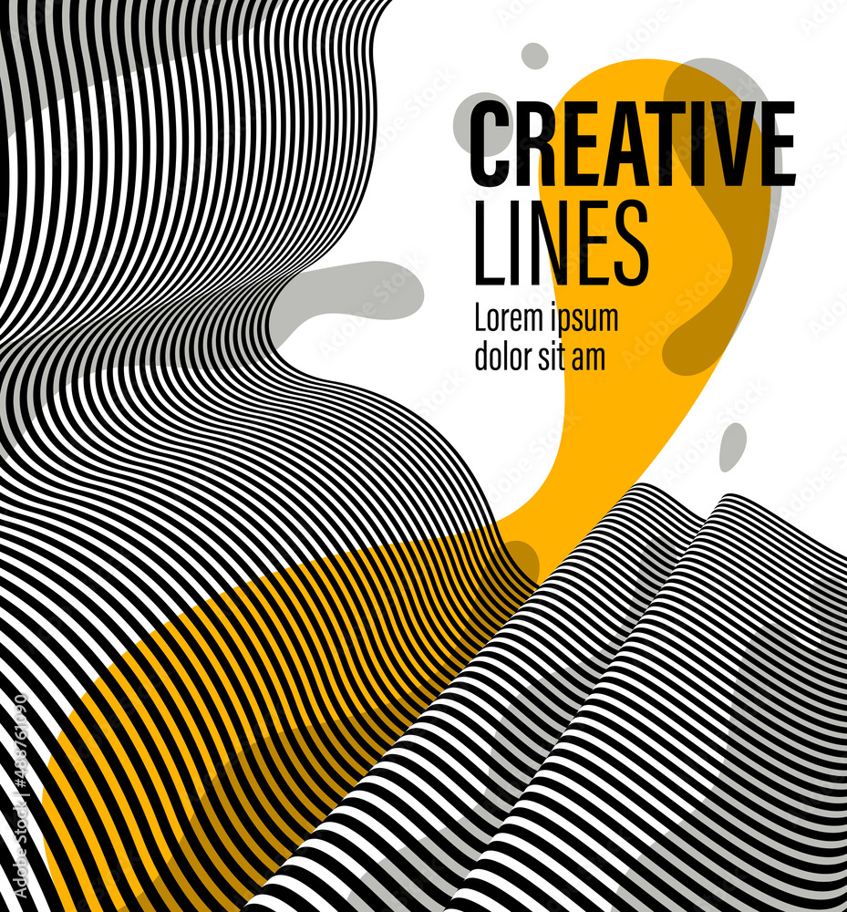 Poster abstract vector 3d lines with yellow fluid splat background, black and white curves linear perspecti