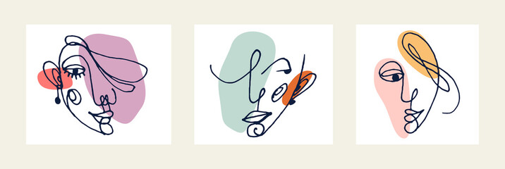 Abstract face girl vector portrait set, abstraction art woman head, hand drawn minimal modern artwork, painted human facial abstraction.