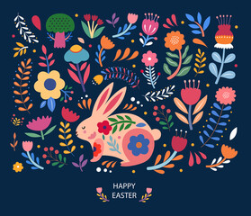 Fototapeta na wymiar Colorful floral illustration with rabbit. Happy easter greeting card with decorative easter bunny 
