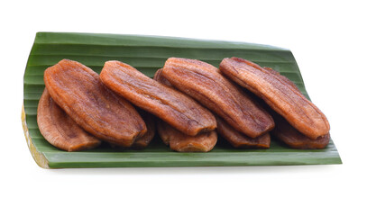 dried bananas (honey baked bananas) on white background, Thai preserved food