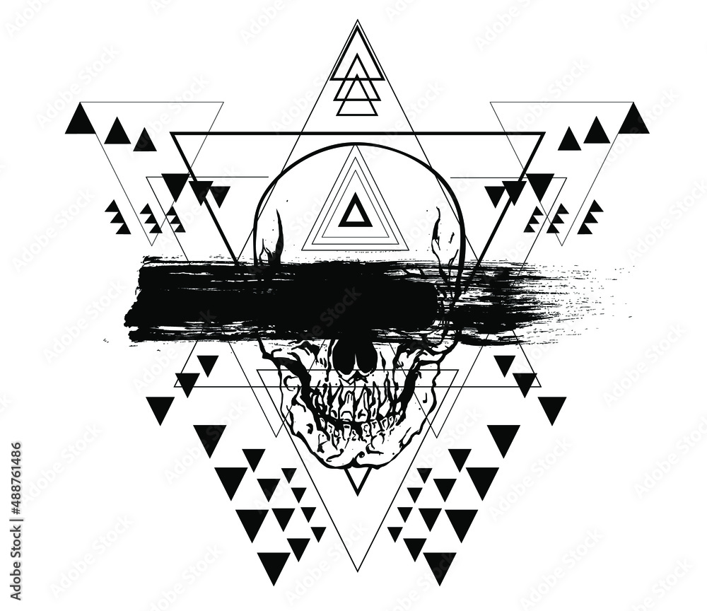 Aufkleber boho triangle abstract geometric design with inside a rgb skull with black brushstroke. vector illus