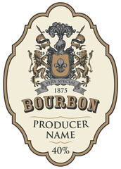 Vector label for Bourbon with hand-drawn coat of arms on a light background in a curly frame. Vintage ornate coat of arms with lions, flags, knights helmet and fleur de lis on a shield. Hard liquor © paseven