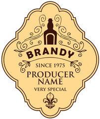 Monochrome vector label for Brandy with a bottle, curlicues and a fleur de lis on a beige background in a curly frame. Figured label or sticker for a hard liquor in retro style isolated on a white - obrazy, fototapety, plakaty