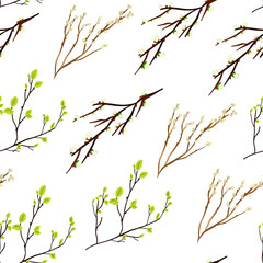 Seamless pattern with spring twigs and leaves.