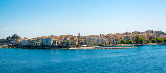 Corfu town in panoramic view from the water in Greece