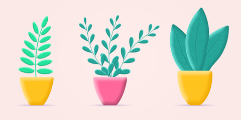 Plant in the pot set. 3d flowerpot icons. Cartoon houseplants with abstract leaves. Vector illustration.
