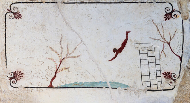 Italy, Campania, Paestum. Fresco details of man diving in the Diver's Tomb.