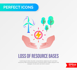 Resource depletion. Sign of energy in human hands, windmill and forests. Overconsumption of natural resources. Loss of resource base gradient flat icon. Vector illustration.