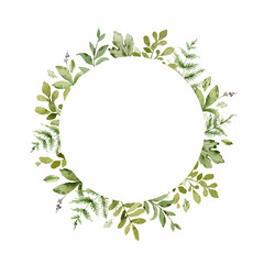 Watercolor vector frame with green forest foliage.