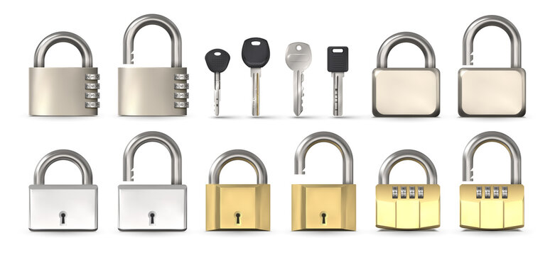 Open and closed metallic, gold and chrome code padlocks. Realistic locks with secret number combination and keyholes, modern keys vector set