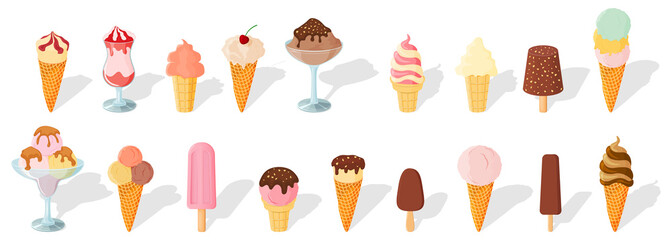 A set of ice cream.Sweet summer dessert.Vector illustration.A set of ice cream with different flavors, textures and fillers.