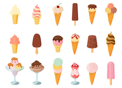 A set of ice cream.Sweet summer dessert.Vector illustration.A set of ice cream with different flavors, textures and fillers.
