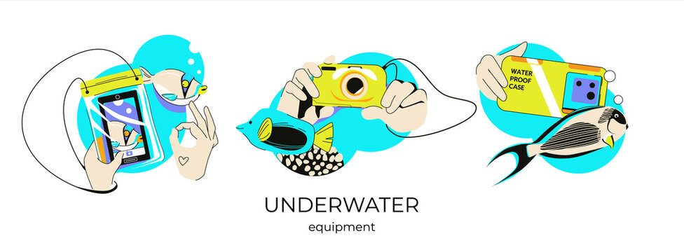 Set of underwater shooting equipment. Waterproof covers and camera in the hands of the photographer. Photo equipment for snorkeling. Take unforgettable pictures. Vector illustration in cartoon style.