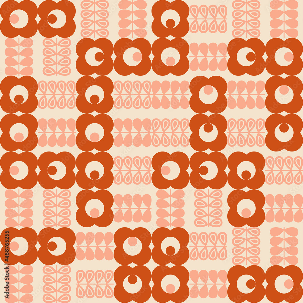 Poster Modern vector abstract  geometric background with stylized flowers, leaves and stems  in retro scandinavian style. Pastel colored simple shapes graphic seamless pattern.