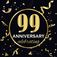 Anniversary celebration decoration. Golden number 99 with confetti, glitters and streamer ribbons on black background. 