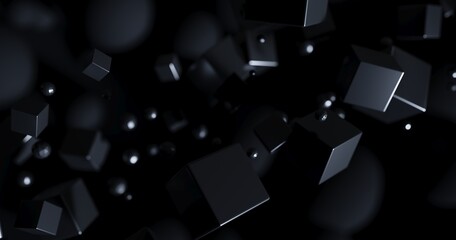 Polygonal objects in dark space, abstract futuristic black background design, 3d rendering