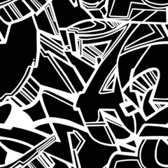 Black and white cartoon pattern on a black background, abstract design, seamless background.