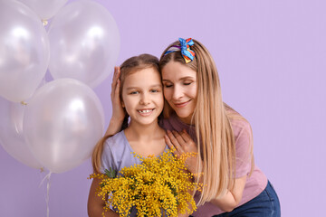 Little girl, her mother with flowers and balloons on lilac background