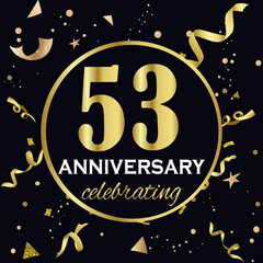 Anniversary celebration decoration. Golden number 53 with confetti, glitters and streamer ribbons on black background. 