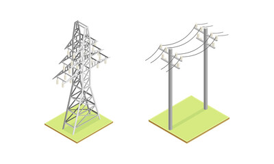 Electric power objects set. High voltage electricity power transmission grid isometric vector illustration