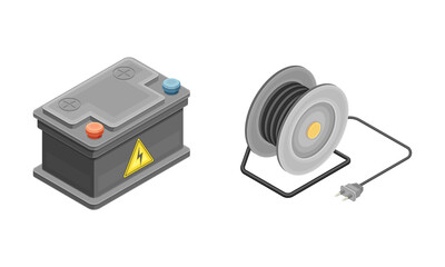 Obraz premium Electric power objects set. Battery and cable isometric vector illustration