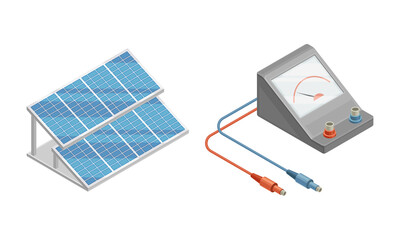 Electric power objects set. Solar panels and ammeter isometric vector illustration