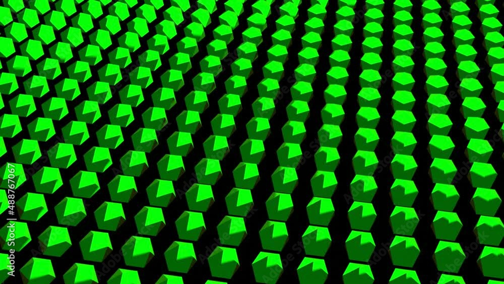Poster field of many rotating polygons. design. lots of rotating 3d polygons on black background. field of 