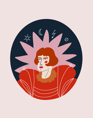 Colorful vector illustration with a girl and different elements. Magical symbols around lady's portrait. Composition in natural colors.