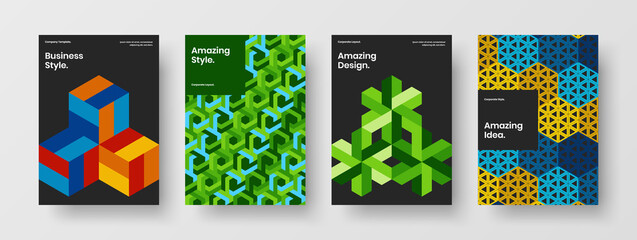 Premium booklet design vector template collection. Vivid mosaic hexagons company brochure concept set.