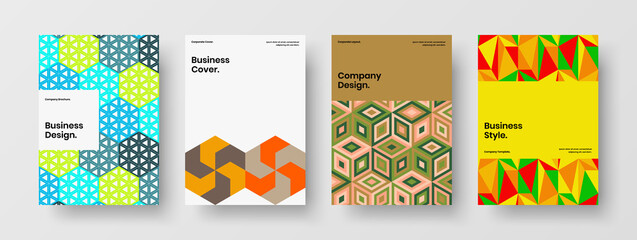 Fresh company brochure A4 vector design illustration bundle. Multicolored mosaic pattern catalog cover template set.