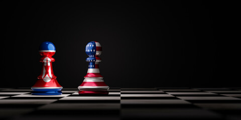 Battle of USA and North Korea flag which print screen on pawn chess , America and North Korea have military nuclear conflict and business sanctions concept by 3d render. - obrazy, fototapety, plakaty