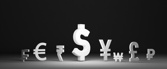 White currency sign with glowing light on dark background include dollar Yuan Yen Pound sterling and Euro for main currency exchange and forex concept by 3d render.