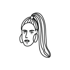 Minimalist black and white portrait in vector. Portrait of young woman in profile. Girl with ponytail and hoop earrings. Line drawing.