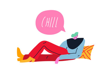 Colorful vector illustration. Depiction of a girl having a rest. Lettering 