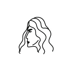 Minimalist vector illustration of a girl. Portrait in profile. Black and white line drawing. Young woman with wavy hair.