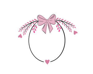 With love - lettering. Vector round frame, wreath from outline tulips and hearts. Hand drawn doodle isolated. Background, border for greeting card, invitation, wedding