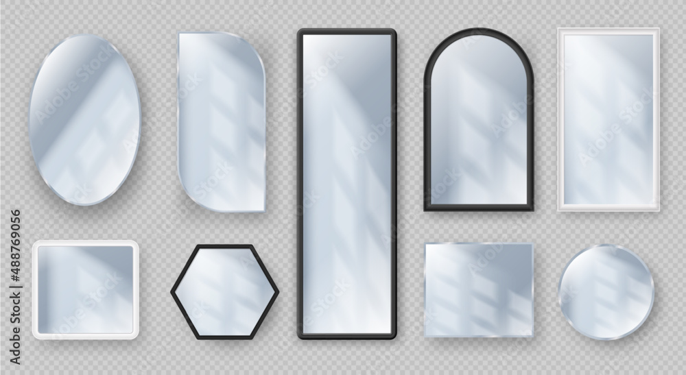 Poster realistic round and square mirrors in frames with light reflection. modern mirror shapes designs. gl