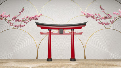 torii gates red and Cherry blossom on a white background. 3d rendering