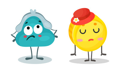 Cute retro fashioned purse and golden coin characters with funny faces cartoon vector illustration