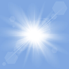 Natural sun glare on a blue background.Sunlight.Glowing isolated white transparent light effect, glare.