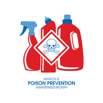 March is Poison Prevention Awareness Month vector. House chemical cleaning supplies vector. Warning symbol with skull and crossbones vector. Bottles of cleaning poisonous products icons