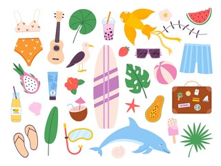 Summer symbols stickers, surf board, watermelon and travel bag. Beach ball, seagull, drinks, sunscreen and guitar. Vacation icons vector set