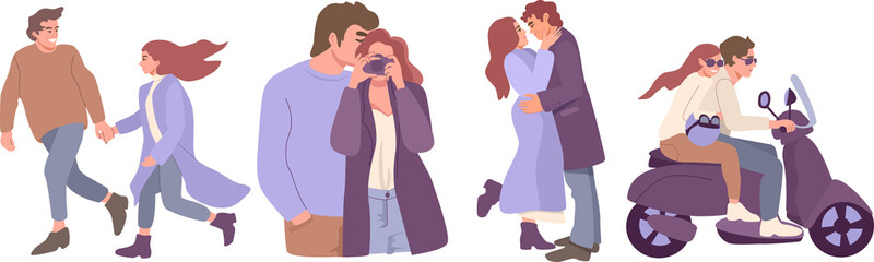 A set of romantic couples, isolated on white background. Men and women hugging, kissing, riding a bike and spending time together. Males and females in love.