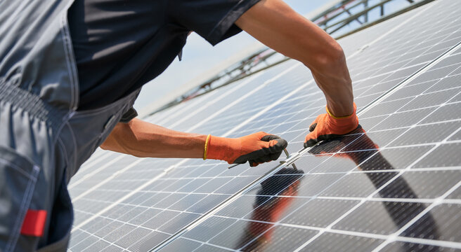 Cropped View Of Man Hands In Work Gloves Mounting Photovoltaic Solar Panels. Worker Assembling Solar Modules For Generating Electricity Through Photovoltaic Effect. Renewable Energy Sources Concept.