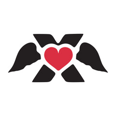 Letter x with wings and heart symbol doodle icon