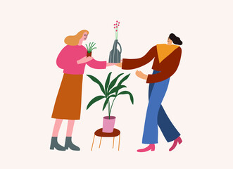 Colorful vector illustration of two girls caring of houseplants. Depiction of green potted plants. Plant lady. Decorative element for cards, posters, stationery.