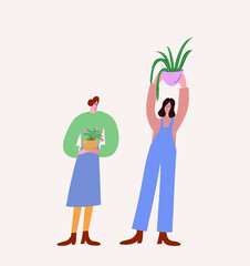 Colorful vector illustration of two girls with houseplants. Depiction of green potted plants. Plant lady. Decorative element for cards, posters, stationery.