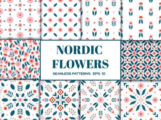 Big set of Scandinavian nordic floral seamless pattern with simple geometric flower elements pastel colors vector illustration